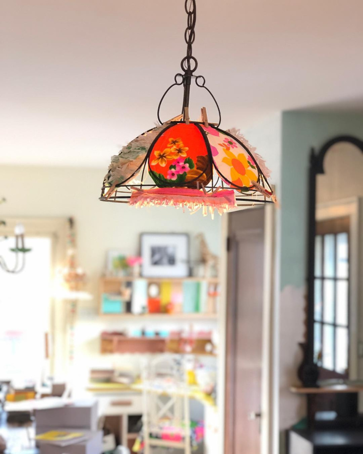 Colorful whimsical custom artful pendant light in a beachy boho home - Jenny Sweeney.