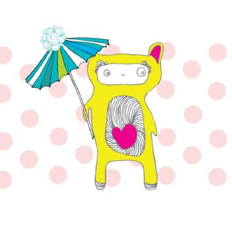 Whimsical greeting card with little yellow bear with parasol by Jenny Sweeney.