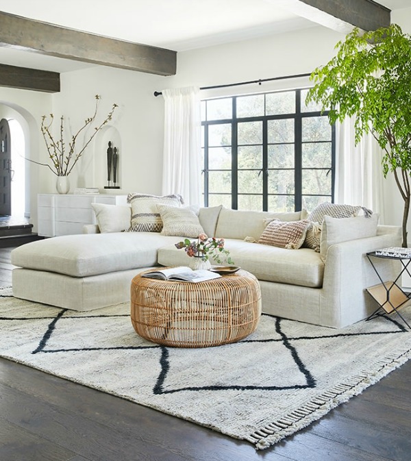 Serene and natural modern rustic living room with white sectional with chaise - Lulu & Georgia.