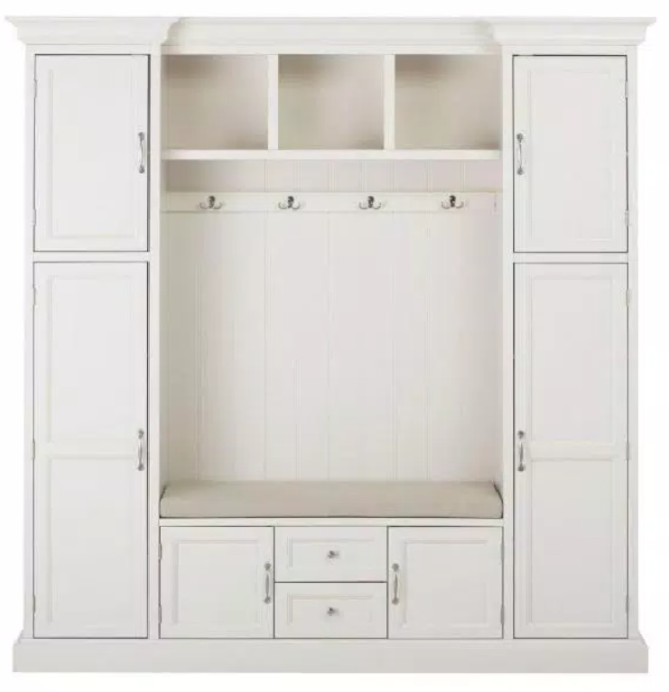 Coastal style hall tree unit with built in bench, cabinets, and open shelving and hooks - Royce 79.25 in.