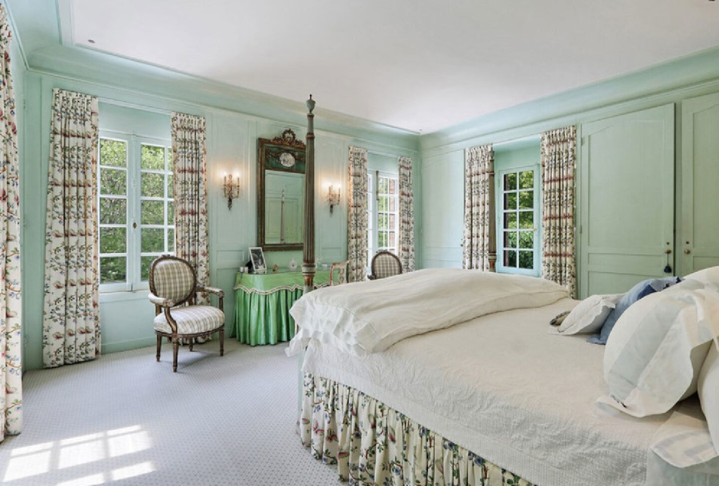 Delicious pastel French green in a bedroom. David Adler La Lanterne Mansion is a 1922 historic home in Lake Bluff with French inspired architecture and interiors.