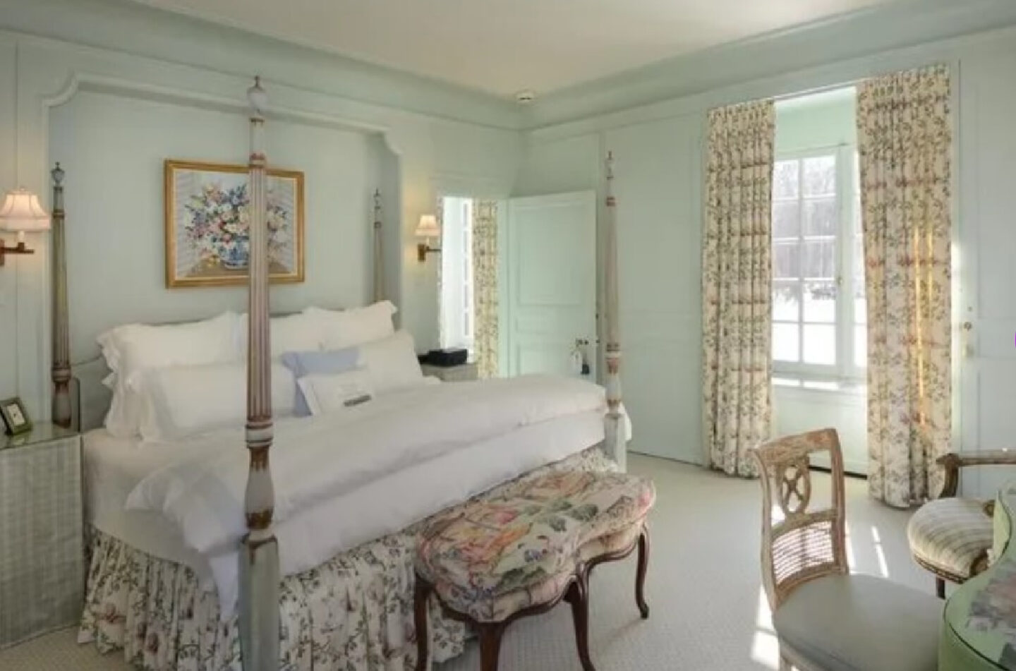 Delicious pastel French green in a bedroom. David Adler La Lanterne Mansion is a 1922 historic home in Lake Bluff with French inspired architecture and interiors.