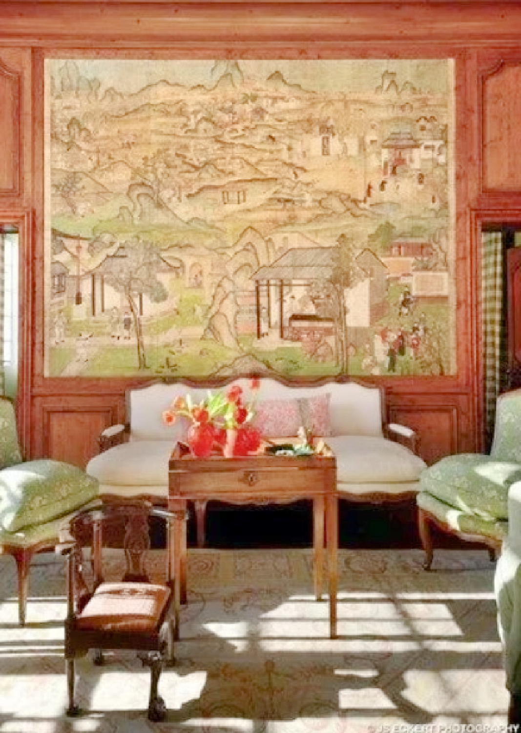 Chinese mural in beautiful French country 1920s estate. David Adler La Lanterne Mansion is a 1922 historic home in Lake Bluff with French inspired architecture and interiors.