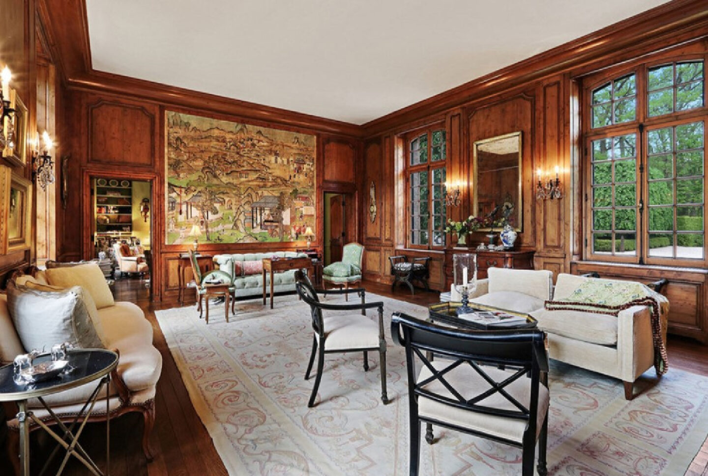 Chinese murals in paneled French country interior. David Adler La Lanterne Mansion is a 1922 historic home in Lake Bluff with French inspired architecture and interiors.