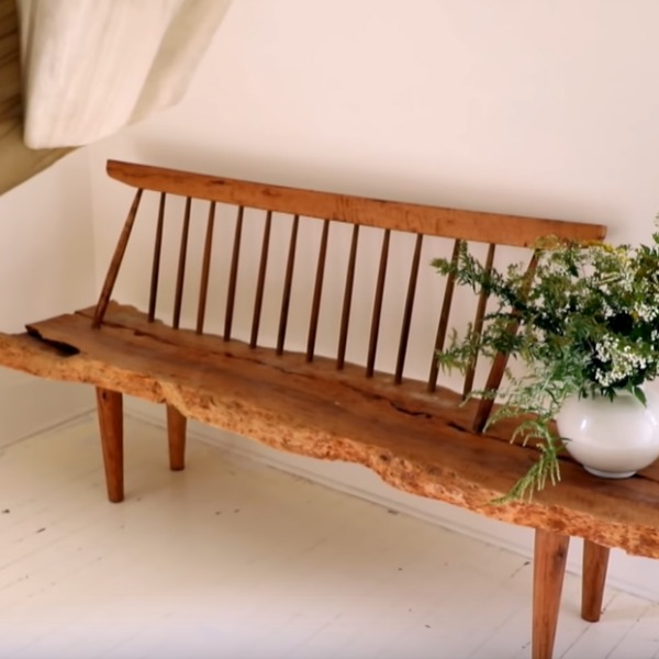 Steal Leanne Ford's paint colors and ideas for gorgeous Shaker style like this wood bench with live edge seat in a cottage with white painted hardwood floors and design by Leanne Ford. #leanneford #interiordesign #shakerstyle #benches #farmhousestyle