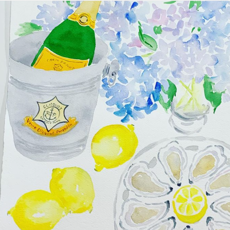 Champagne, lemons, oysters, hydrangea watercolor still life by Jeanne McKay Hartman. #stilllife #watercolor #spring #lemons #champagne #illustrations