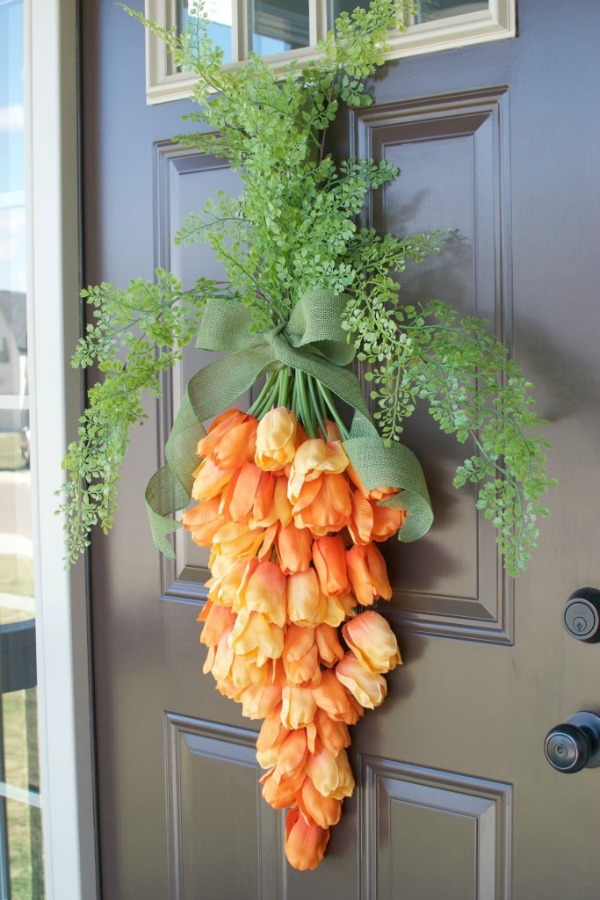 Bunch of carrots orange tulips spring wreath for door craft - Love the Tompkins. #springwreath #springcraft #springdiy #orangetulips