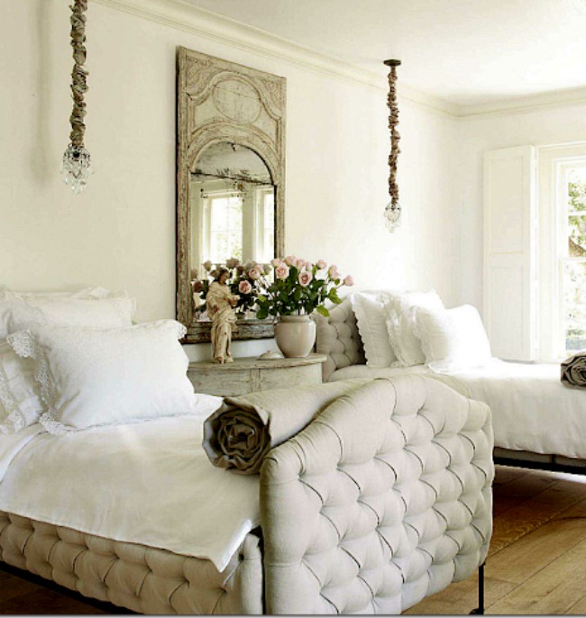 Pamela Pierce designed French bedroom with twin tufted beds and trumeau mirror. #pamelapierce #frenchcountry #interiordesign #bedroomdecor