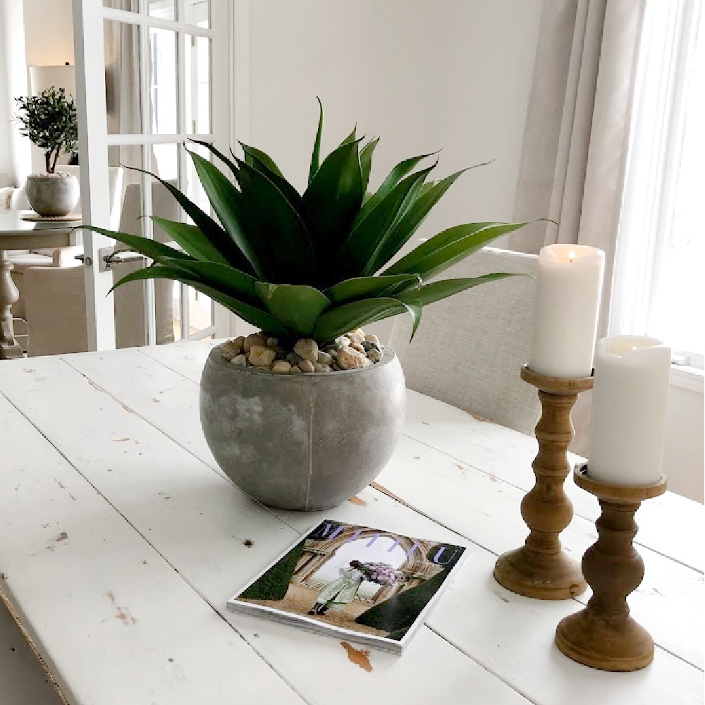 Serene white modern French dining room with farm table, rustic wood candleholders, and succulent in rustic pot - Hello Lovely Studio. #allwhitedecor #modernfrench #diningroom