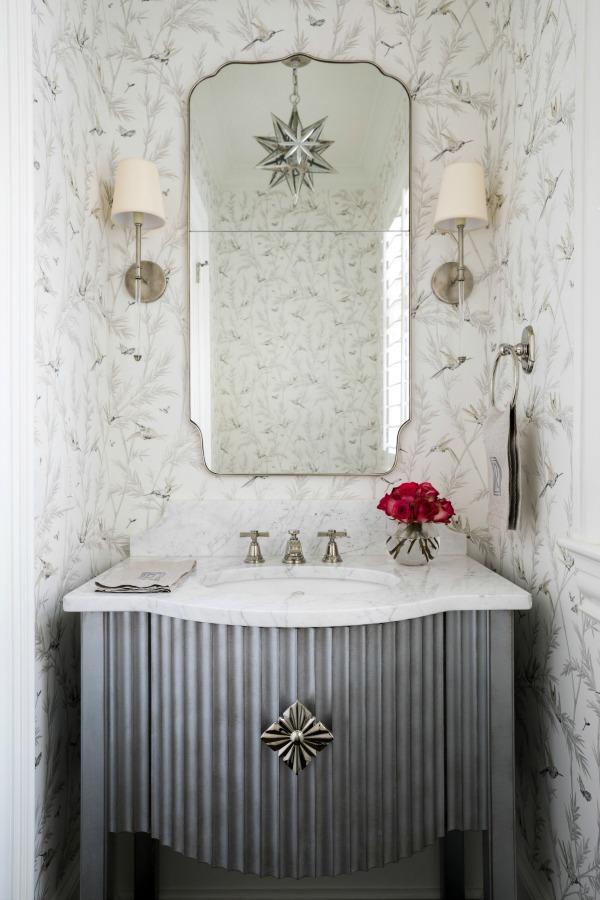 Elegant bathroom with hummingbird wallpaper and traditional decor - by Sherry Hart. #bathroomdesign #hummingbirds #interiordesign #bathroomvanity