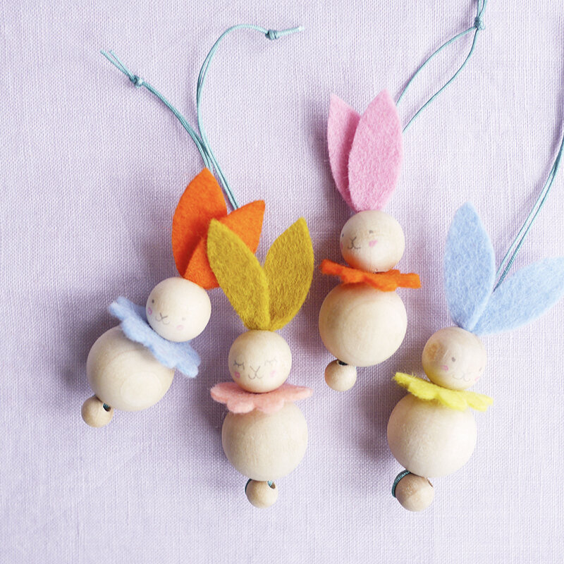 Sweet wood bead bunny kit with felt from Little Goose Toys. #springcrafts #easterbunny #eastercraft #bunnytoy