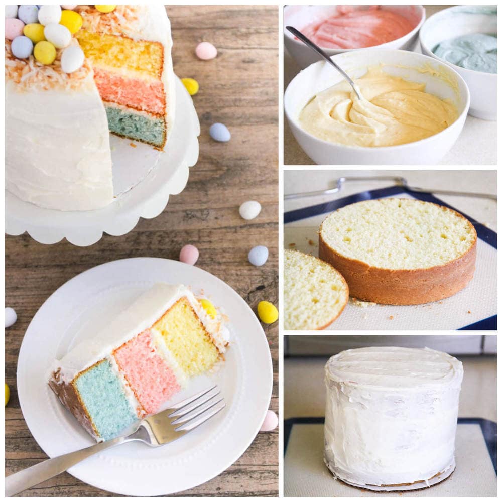 Pretty and colorful with pastel layers, this charming Easter layer cake from I Heart Naptime is a perfect recipe to make with kids! #layercake #eastercake #colorfulcake #springcraft #springrecipe