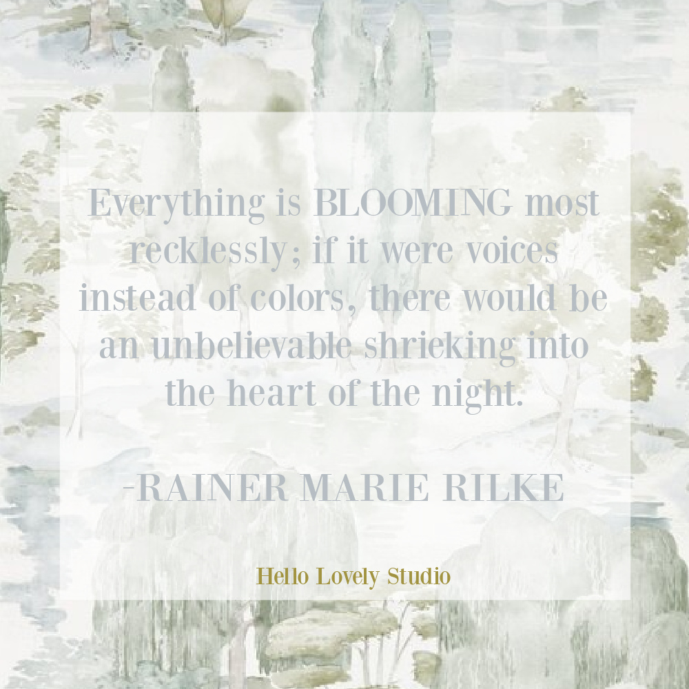 Rilke quote about blooming and spring time on Hello Lovely Studio. #bloomingquote #naturequotes #springquotes #whimsicalquotes
