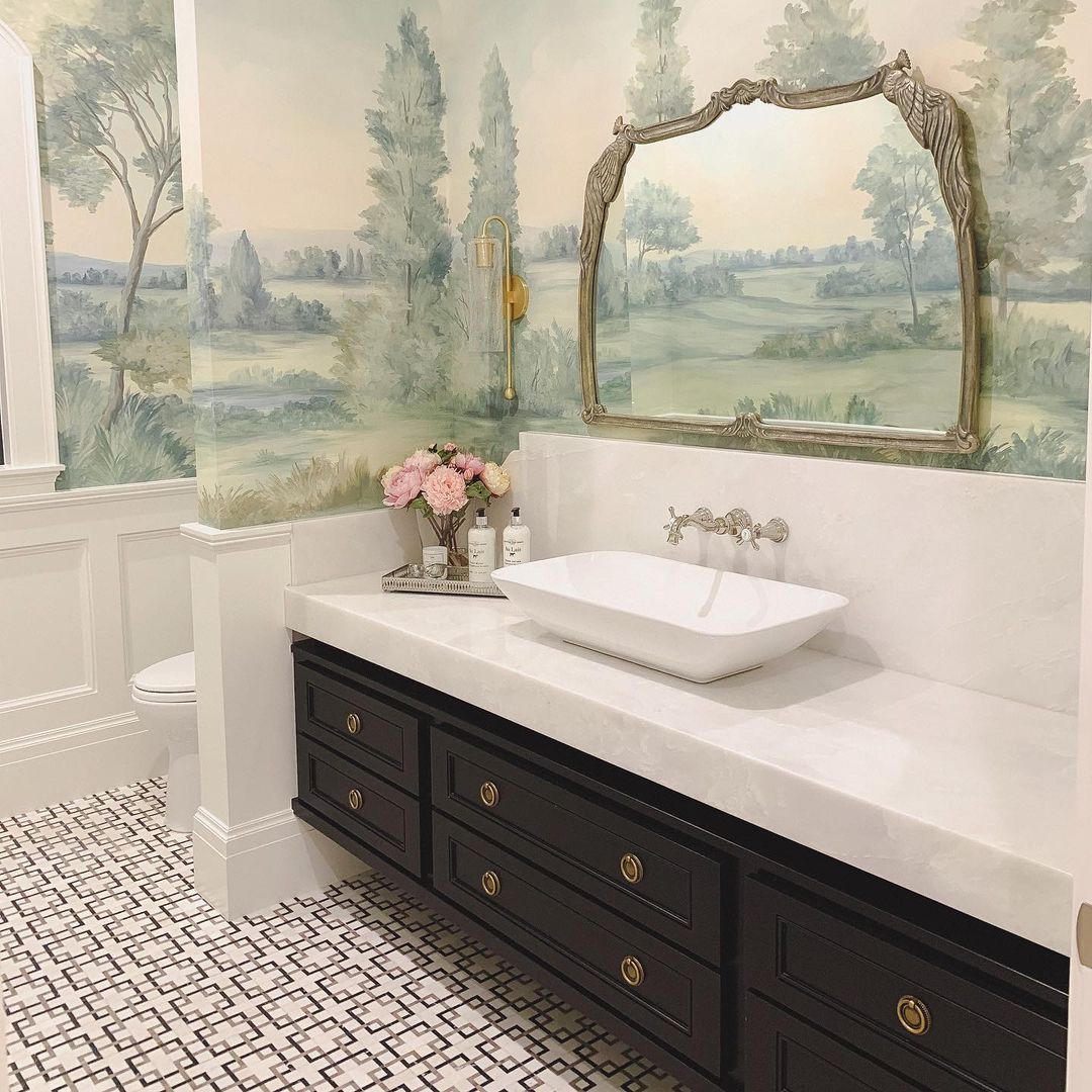 Traditional style bathroom with breathtaking landscape mural wallpaper by Susan Harter - Marissa Pope Design. #mural #bathroom #susanharter