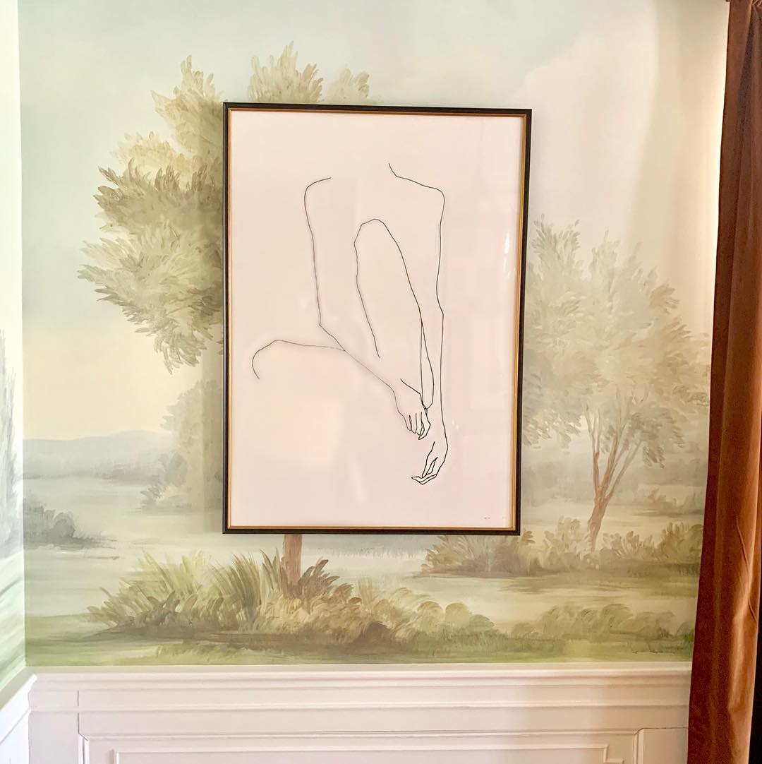 Susan Harter Mural Papers (Pastoral Warm) in a dining room with framed sketch of nude - @thekylewright. #susanharter #wallmural #diningroom