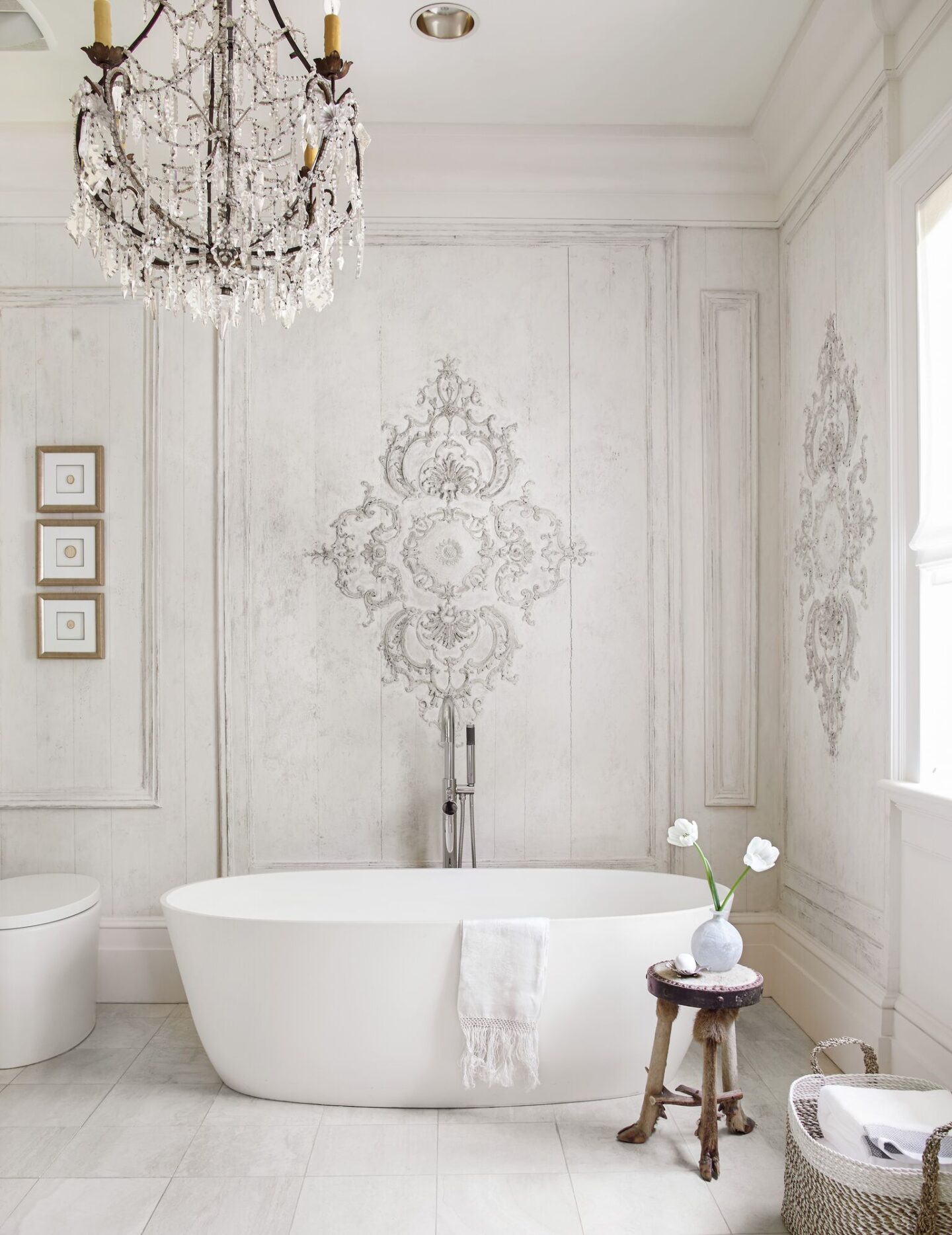 Tara Shaw deisgned this exquisite master bath with salvaged Louis XV paneling with wonderful patina. #tarashaw #interiordesign #bathroomdesign #luxuriousbathroom #oldworldstyle #antiques #europeanantiques