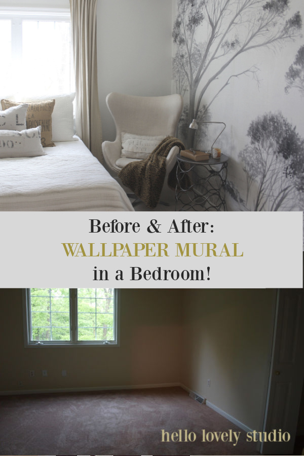 Before and after wallpaper mural in a bedroom on Hello Lovely - come see the transformation! #wallpaper #mural #bedroomdecor