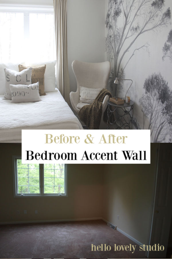 Before and after bedroom accent wall with wallpaper mural from Photowall - Hello Lovely Studio.
