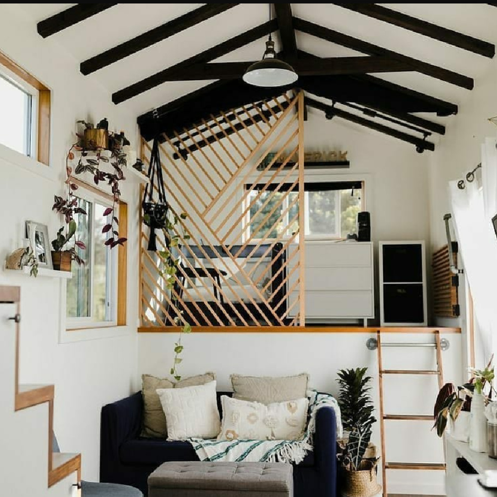 Beachy boho black and white tiny house interior in a shipping container in Maui - @zeena_fontanilla. #tinyhouse #shippingcontainer #blackandwhite