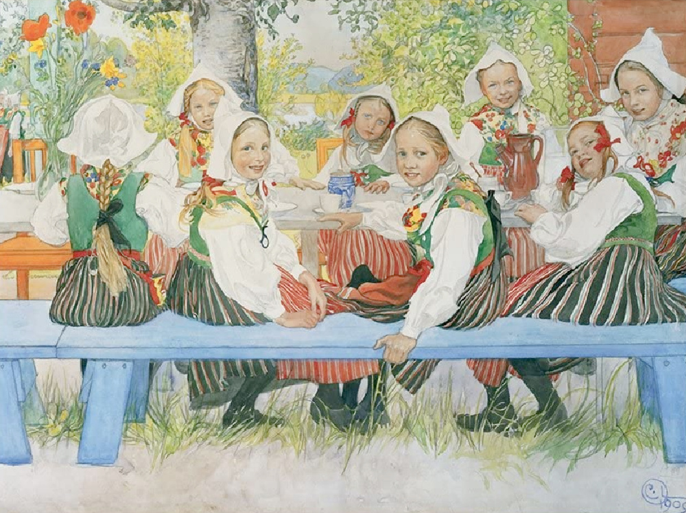 Carl Larsson's 19th century watercolor painting "Kersti's Birthday" is a gorgeous scene of young girls gathered at a picnic table for the celebration.