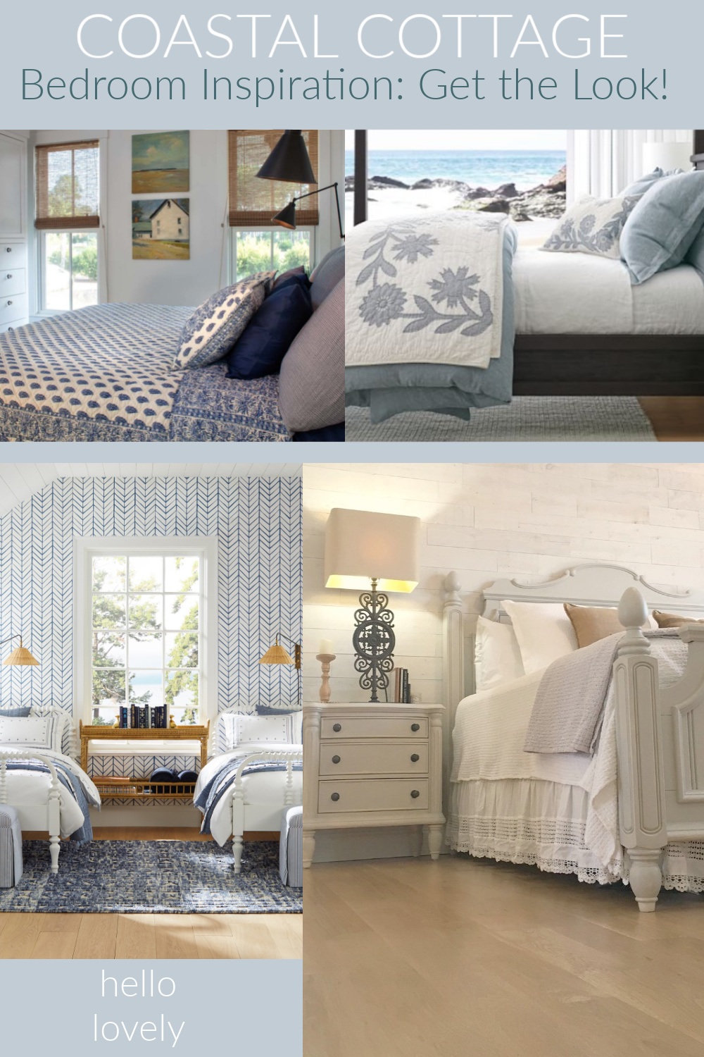 Coastal Cottage Bedroom Inspiration Get the Look on Hello Lovely Studio. #coastalcottage #getthelook #shopthelook #bedroomdecor