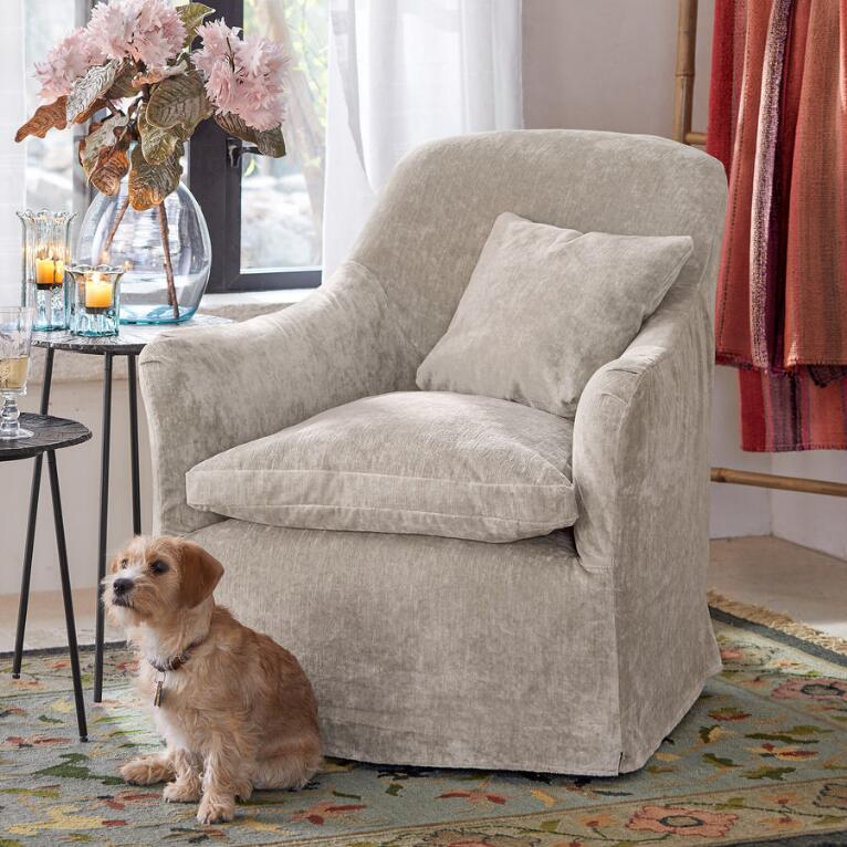 Beautiful velvet Deidre swivel chair from Sundance catalog