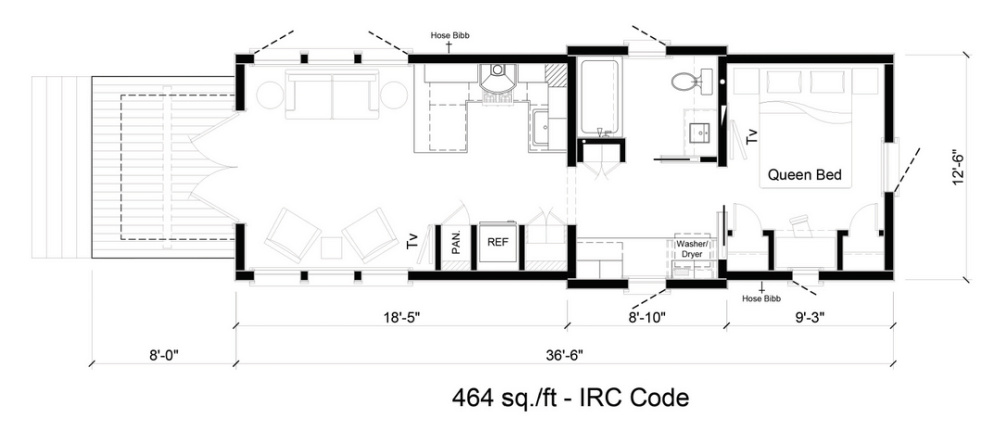 Tiny house floorplan with 464 sf - architect Jeffrey Dungan - Retreat Homes TN. #tinyhouse #floorplan #smallhouses