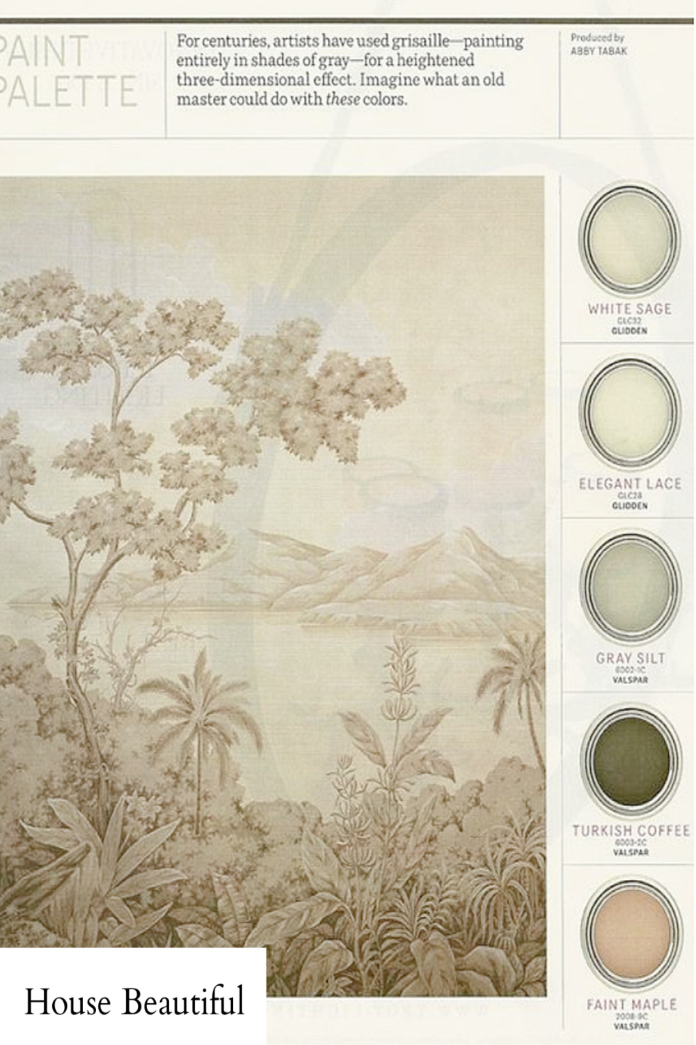 Grisaille palette paint colors - varying shades of grey and a beautiful painting (House Beautiful). #grisaille #paintpalette #paintcolors