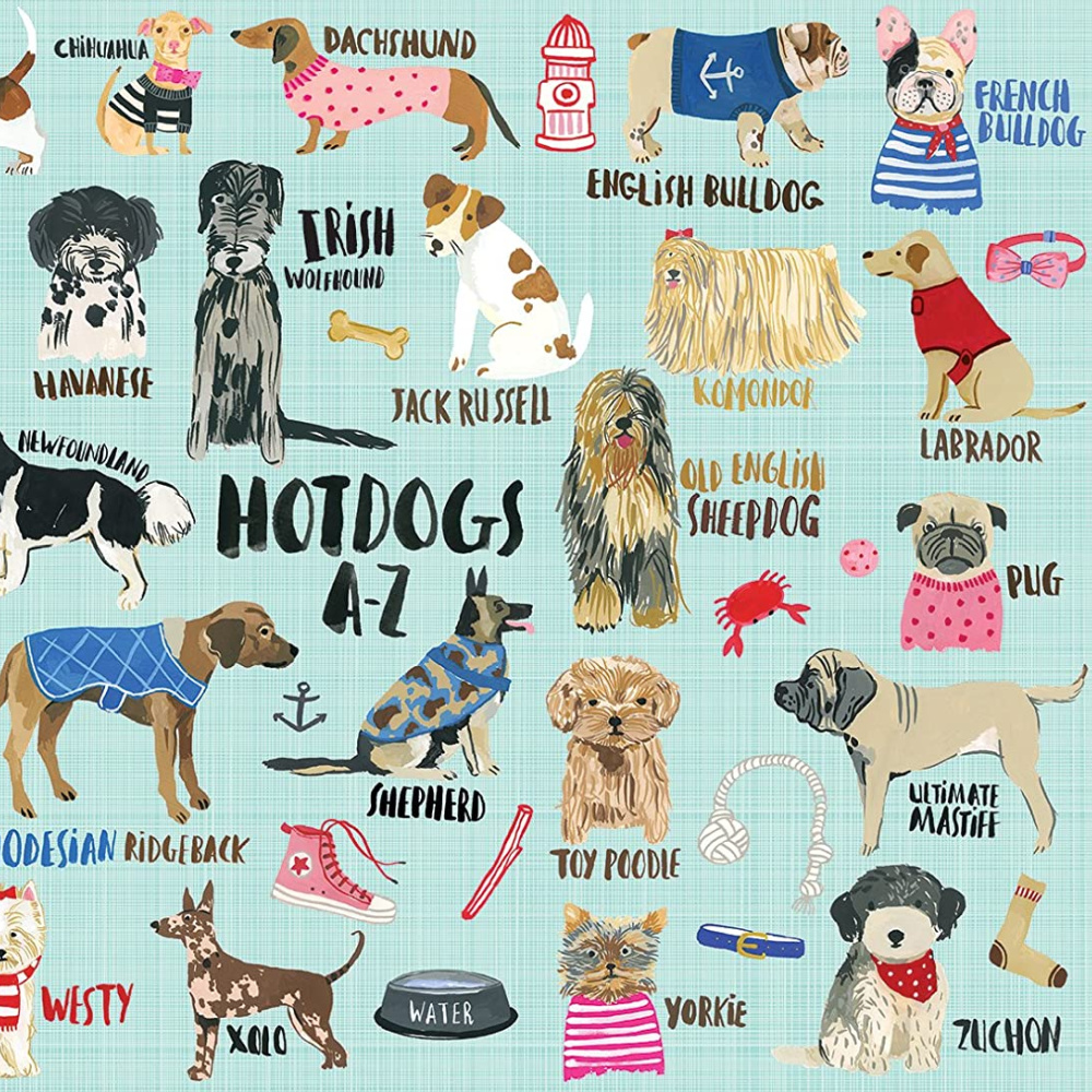 Whimsical jigsaw puzzle with adorable illustrated dogs - Mudpuppy Hot Dogs A-Z.