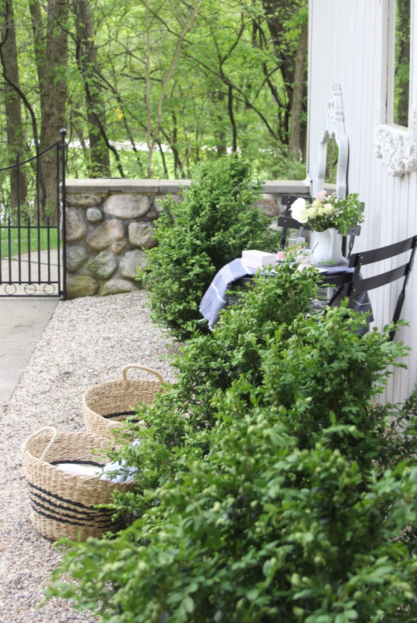 Lush green garden and black Parisian Café Chairs in my romantic courtyard. #hellolovelystudio #outdoorfurniture #patiofurniture #bistrochairs #cafechairs #outdoordining