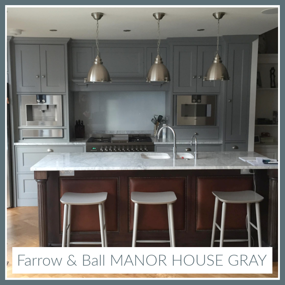 Farrow & Ball Manor House Gray paint color on kitchen cabinets - come find more ideas for grey blue on Hello Lovely! #farrowballmanorhousegray #manorhousegray #paintcolors