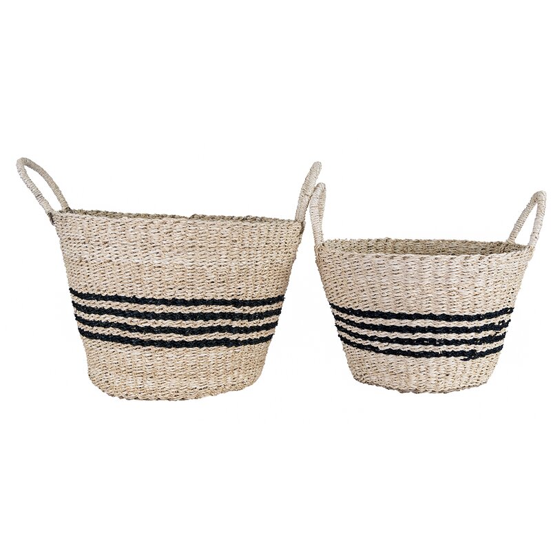 French stripe seagrass basket set of two is perfect for French country style inside and out! #frenchbaskets #seagrassbasket #baskets #wickerbaskets #storage #homedecor