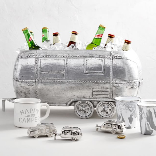 Ice bucket beverage holder. Airstream at Pottery Barn is a lovely collection of whimsical and happy camper decor whether we have a vintage camper to put in or not! #airstream #potterybarn #happycamper #whimsicalgifts #vintagecamper #homedecor