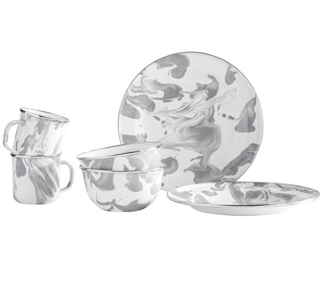 Grey marbled dishware. Airstream at Pottery Barn is a lovely collection of whimsical and happy camper decor whether we have a vintage camper to put in or not! #airstream #potterybarn #happycamper #whimsicalgifts #vintagecamper #homedecor