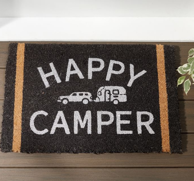 Happy Camper doormat. Airstream at Pottery Barn is a lovely collection of whimsical and happy camper decor whether we have a vintage camper to put in or not! #airstream #potterybarn #happycamper #whimsicalgifts #vintagecamper #homedecor