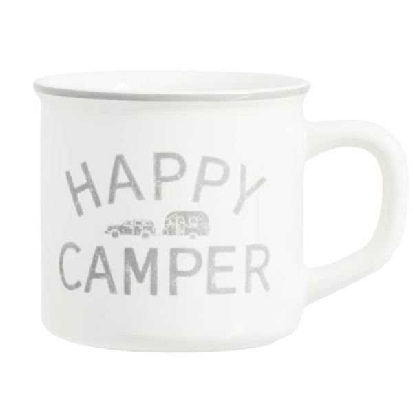 Happy Camper mug. Airstream at Pottery Barn is a lovely collection of whimsical and happy camper decor whether we have a vintage camper to put in or not! #airstream #potterybarn #happycamper #whimsicalgifts #vintagecamper #homedecor