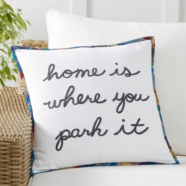 Home is where you park it pillow. Airstream at Pottery Barn is a lovely collection of whimsical and happy camper decor whether we have a vintage camper to put in or not! #airstream #potterybarn #happycamper #whimsicalgifts #vintagecamper #homedecor