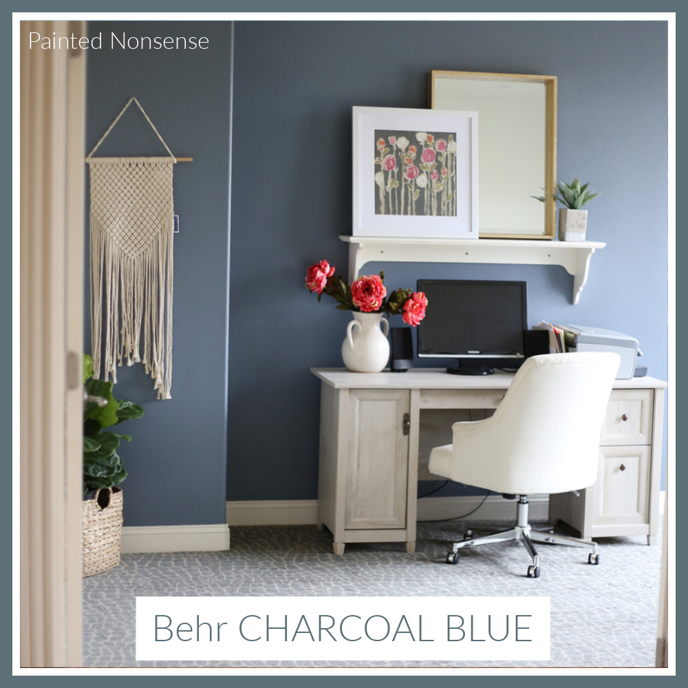 Behr Charcoal Blue paint color in a home office - design: Painted Nonsense. #bahrcharcoalblue #charcoalbluepaint #paintcolors