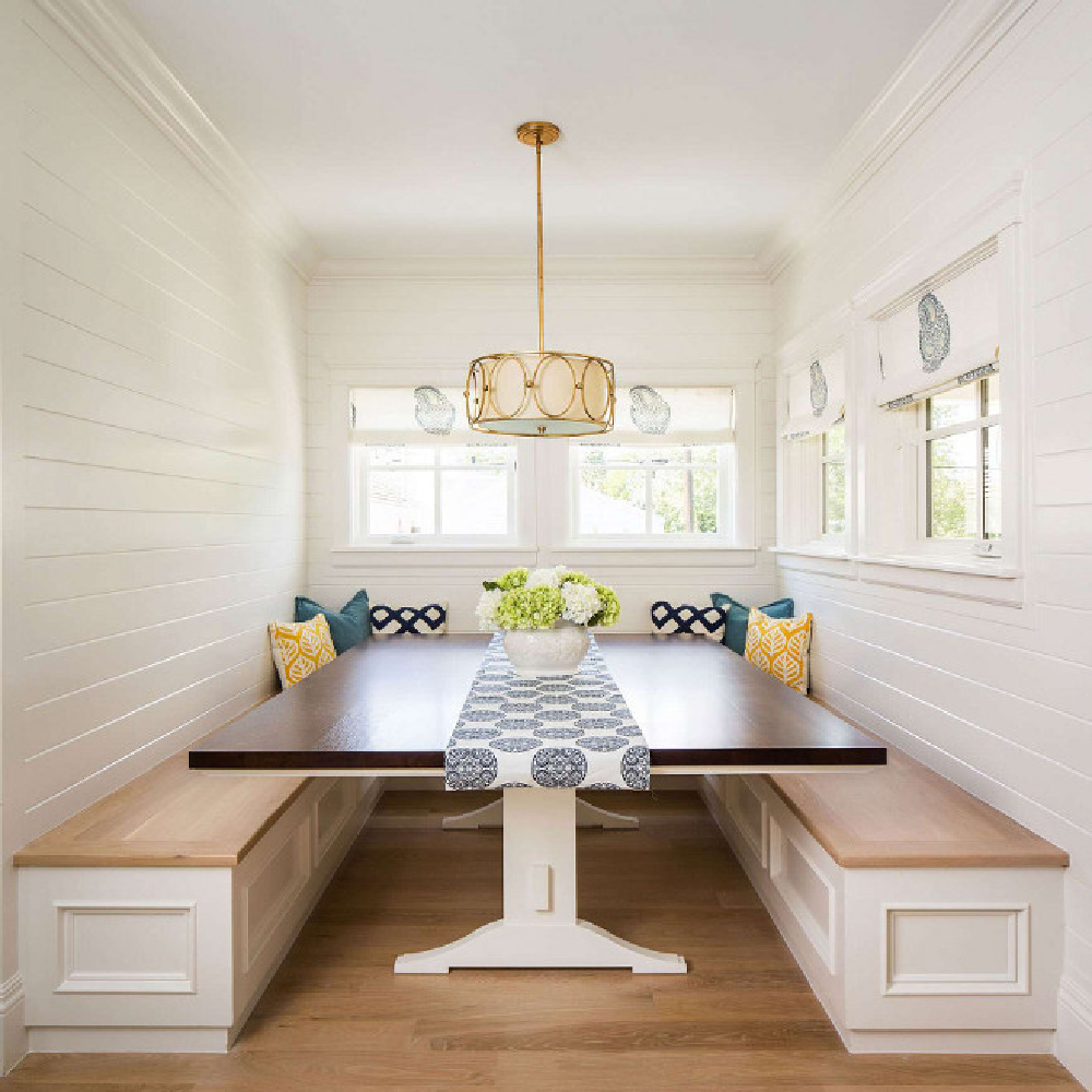 Classic breakfast nook with built in banquette seating. Design by The Fox Goup. #breakfastnook #kitchendesign #banquette #thefoxgroup #shiplap