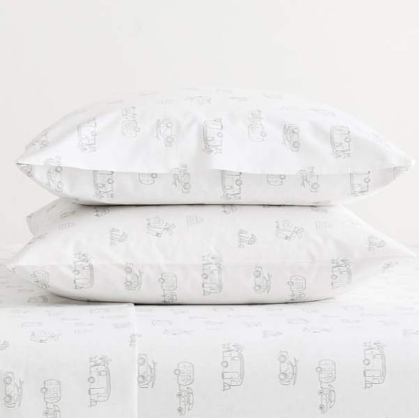 Airstream sheets at Pottery Barn from a lovely collection of whimsical and happy camper decor whether we have a vintage camper to put in or not! #airstream #potterybarn #happycamper #whimsicalgifts #vintagecamper #homedecor #sheets #bedding