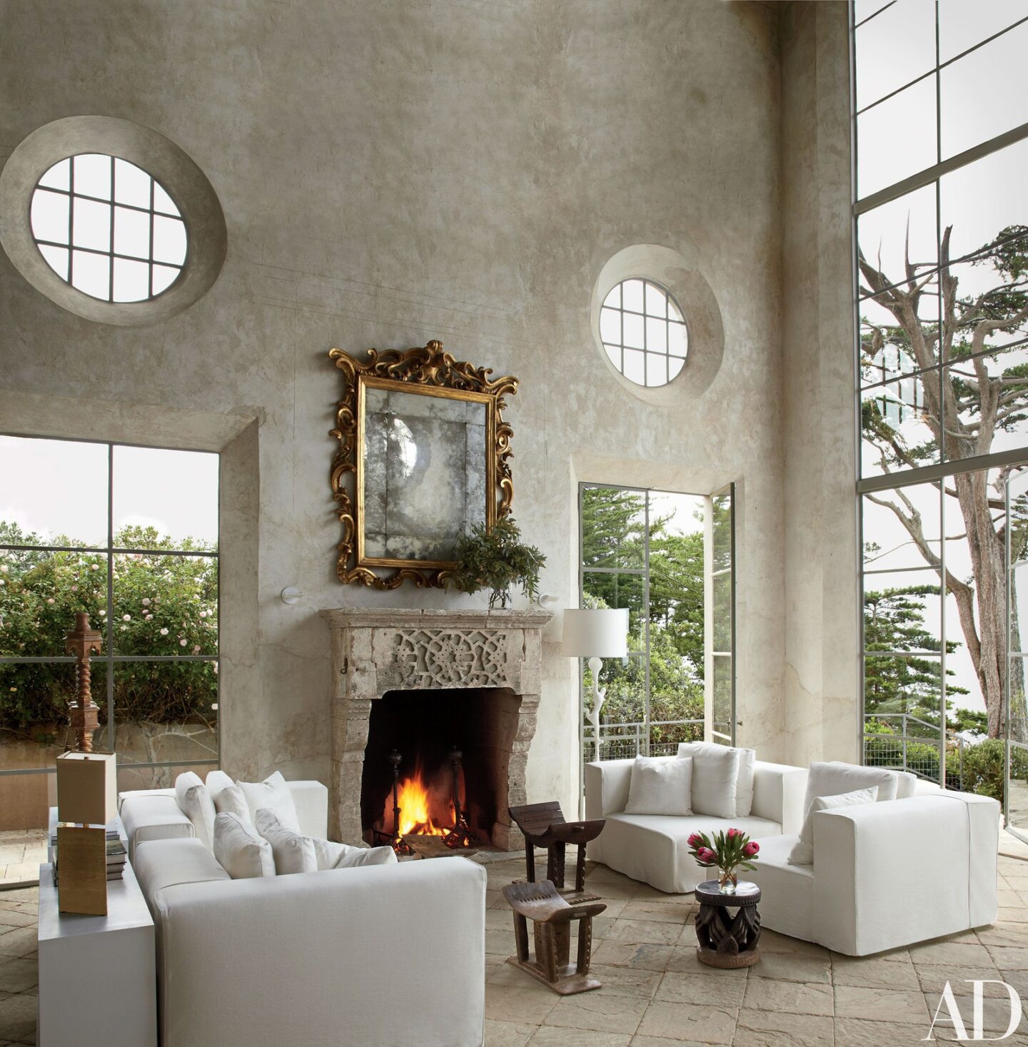 Richard Shapiro designed living room in Malibu with plaster walls and soaring ceilings. #richardshapiro #interiordesign #oldworld #livingroom #plasterwalls