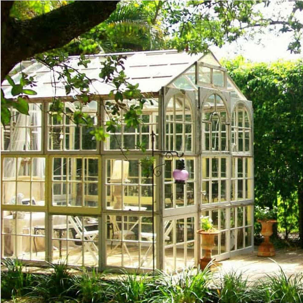 Ultimate she shed made from walls of windows - The Pineapple Room. #sheshed #gardenshed #greenhouseshed #gardeninspiration