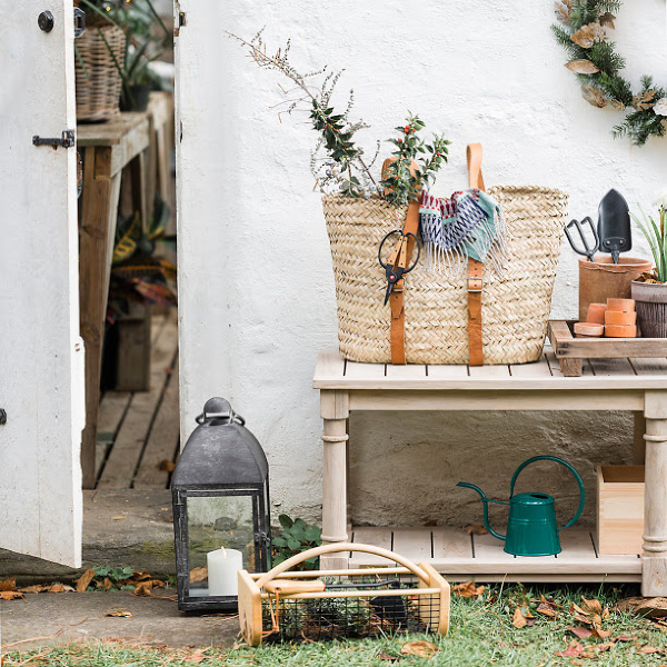 Beautiful garden shed supplies and a French market basket backpack from Terrain. #gardenshed #frenchfarmhouse #frenchmarketbasket