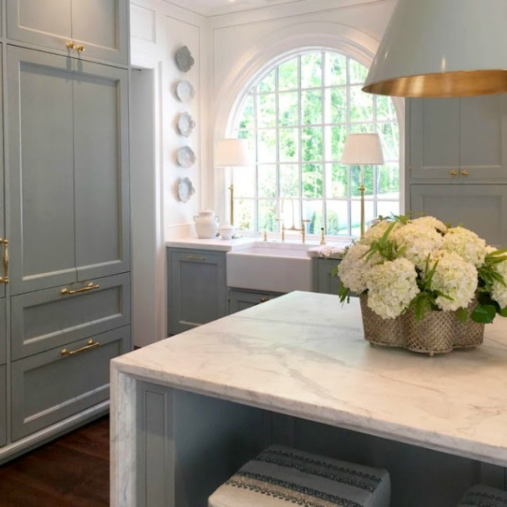 Southeastern Designer Showhouse 2017 kitchen with Farrow & Ball Light Blue on cabinets and SW Alabaster on walls. #luxuriouskitchen #kitchendesign #designerkitchen #traditionalstyle #bluekitchen #farrowandballlightblue