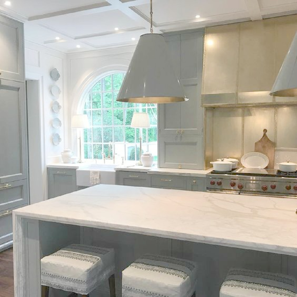 Farrow & Ball Light Blue paint color in a timelessly traditional kitchen in 2017 Southeastern Designer Showhouse in Atlanta by Matthew Quinn & Lauren DeLocach. #kitchendesign #timelesskitchen #bluekitchens #bespoke #farrowandballlightblue