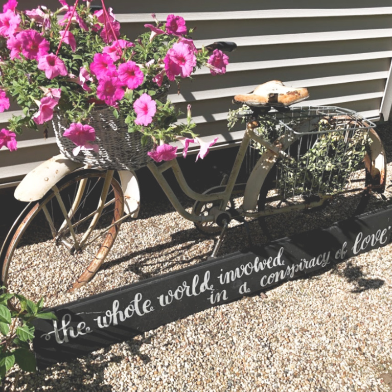 Vintage bicycle with basket full of pink petunias and hand lettered sign: The Whole World Involved in a Conspiracy of Love. #hellolovelystudio #courtyard #summergarden #gardendecor