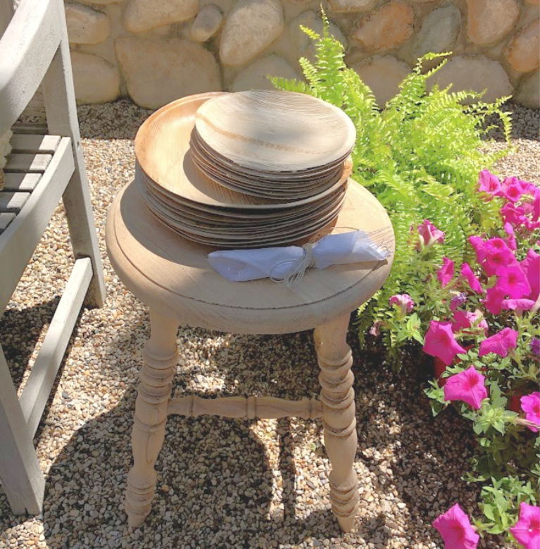 These disposable plates made from palm leaves look like wood and are a perfect choice for summer outdoor entertaining. I used them as mini individual cheese boards and dessert boards - Hello Lovely Studio. #easyentertaining #palmplates #disposableplates #tabledecor #summerentertaining