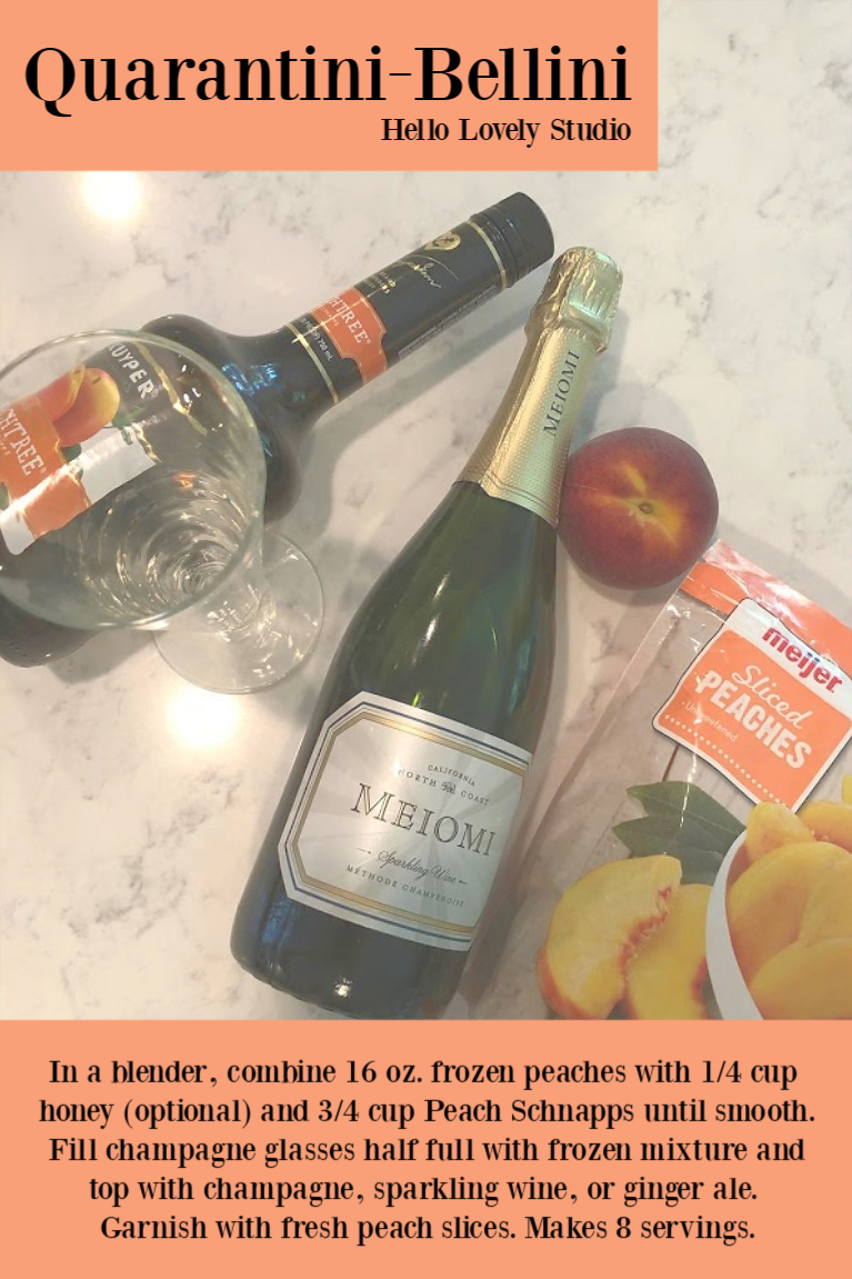 Quarantini Bellini recipe by Hello Lovely Studio. #quarantinibellini #bellinirecipe #peachrecipe #peachcocktail #champagnecocktail #drinkrecipes