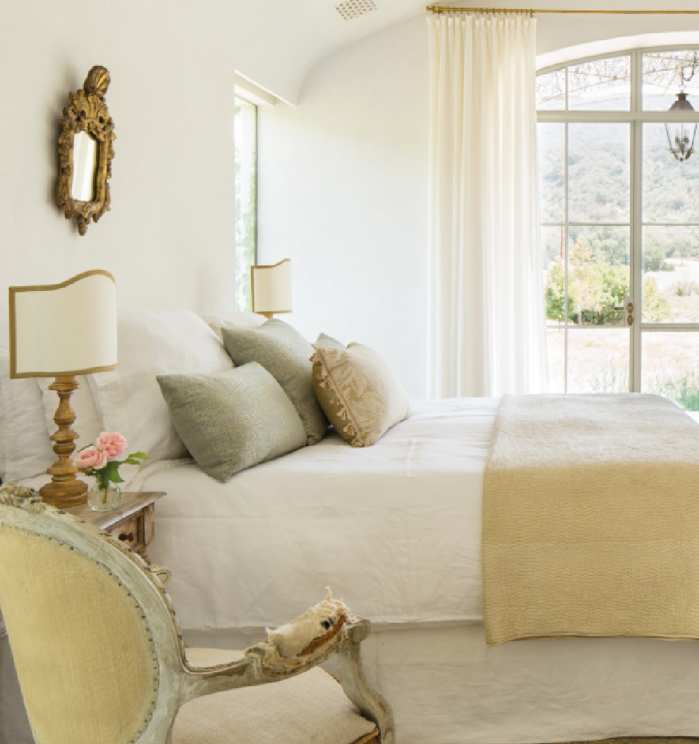 Patina Farm master bedroom by Giannetti Home is a study in European country elegance with California organic simplicity. Photo: Velvet and Linen. #patinafarm #masterbedroom #serenedecor #frenchfarmhouse #europeancountry #whitedecor #zenbedroom #romanticbedroom #giannettihome