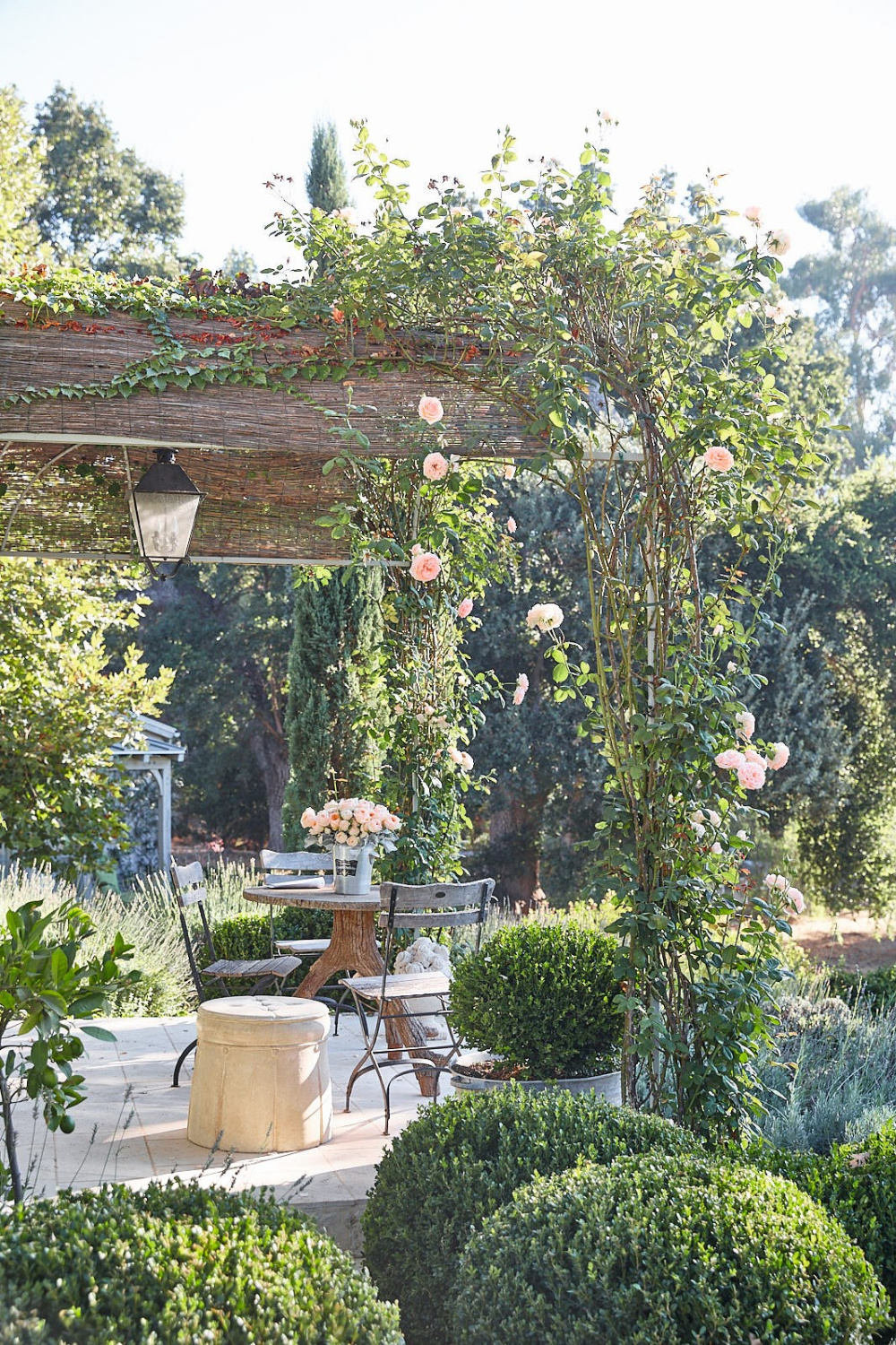 Patina Living photo of beautifully lush gardens with boxwood and roses as well as patio with French cafe furniture. #patinafarm #gardens #landscapedesign #giannettihome #frenchgarden #frenchfarmhouse